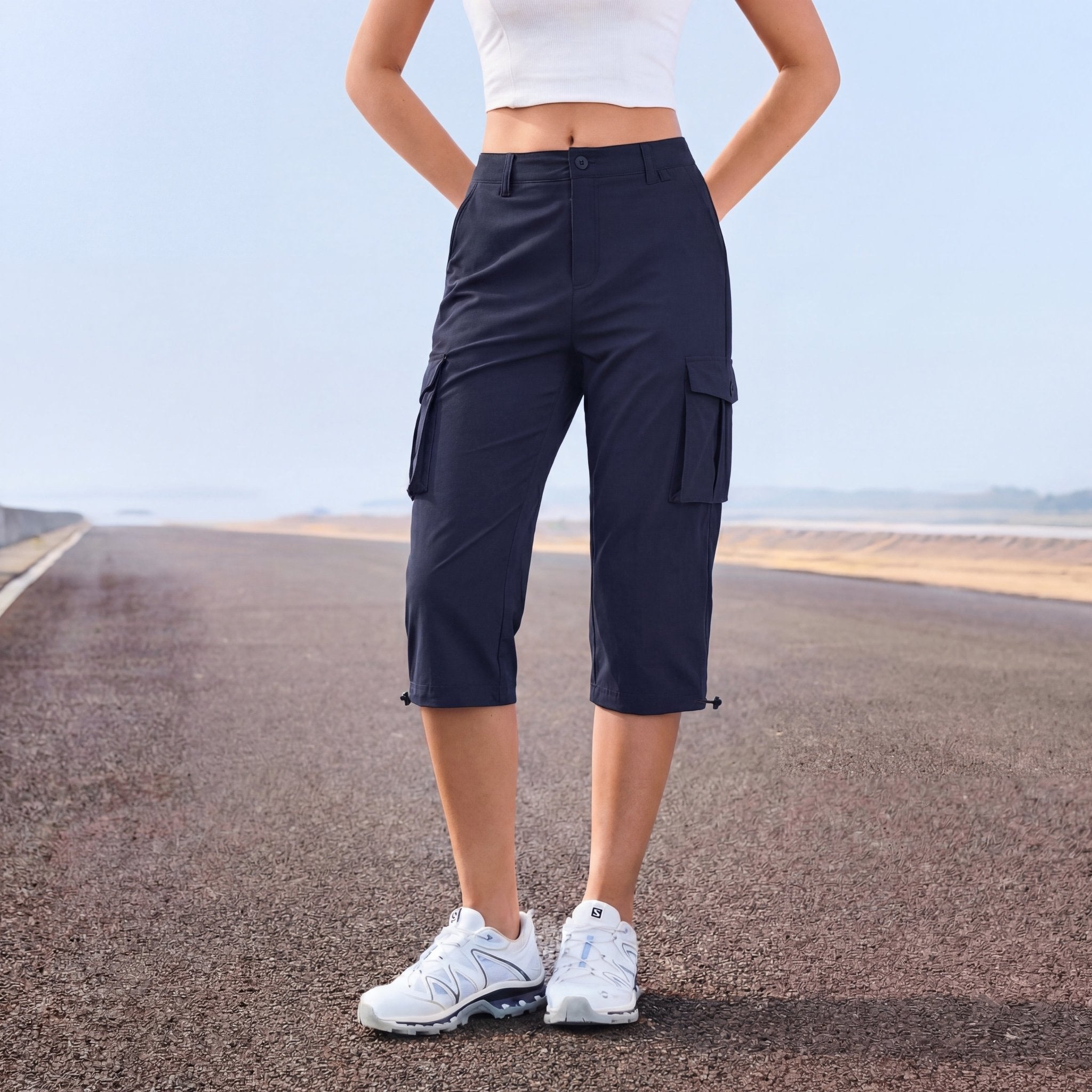 Women's Lightweight Cargo Capris with 6 Pockets Light Grey by MAGCOMSEN #Color_Navy