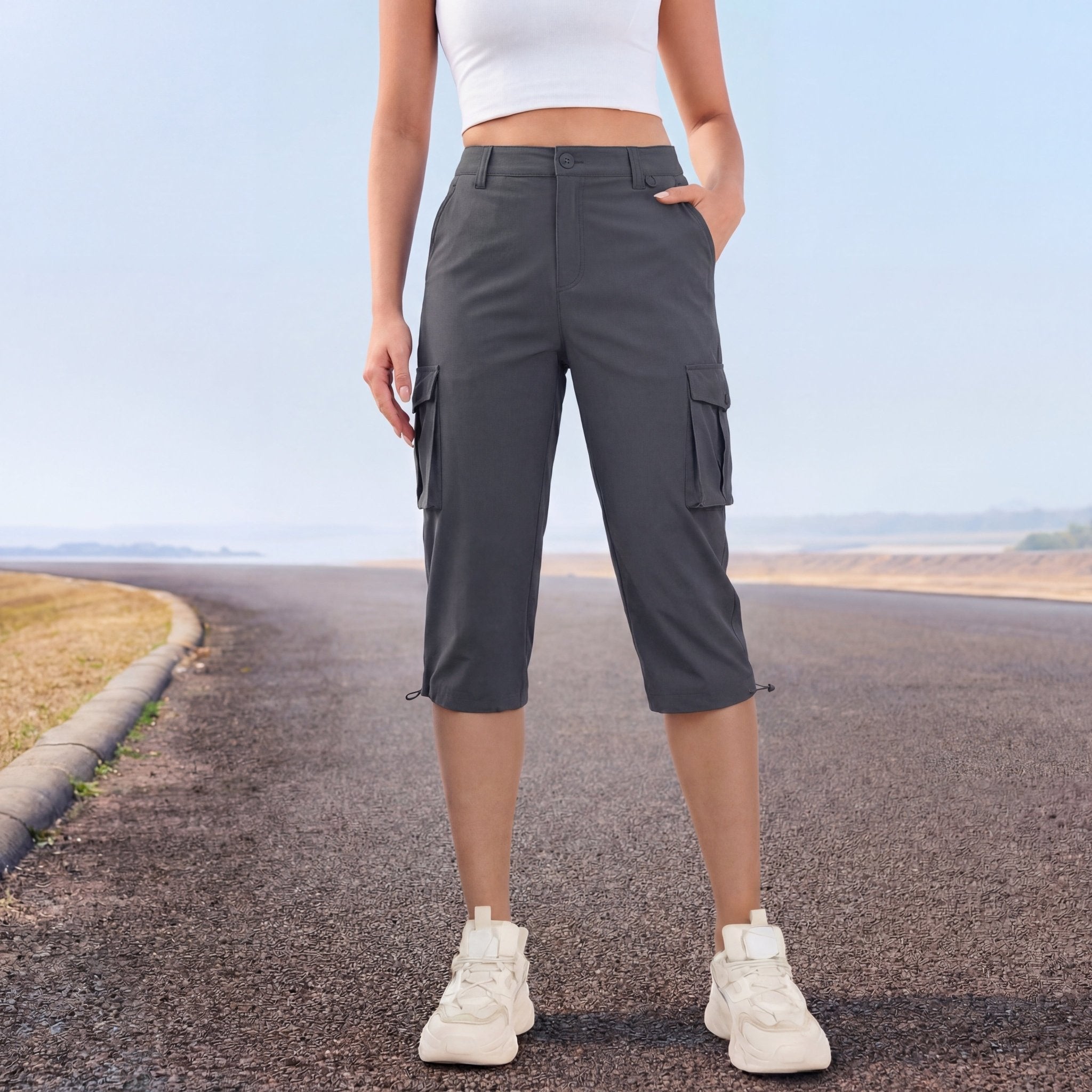 Women's Lightweight Cargo Capris with 6 Pockets Light Grey by MAGCOMSEN #Color_Dark Grey