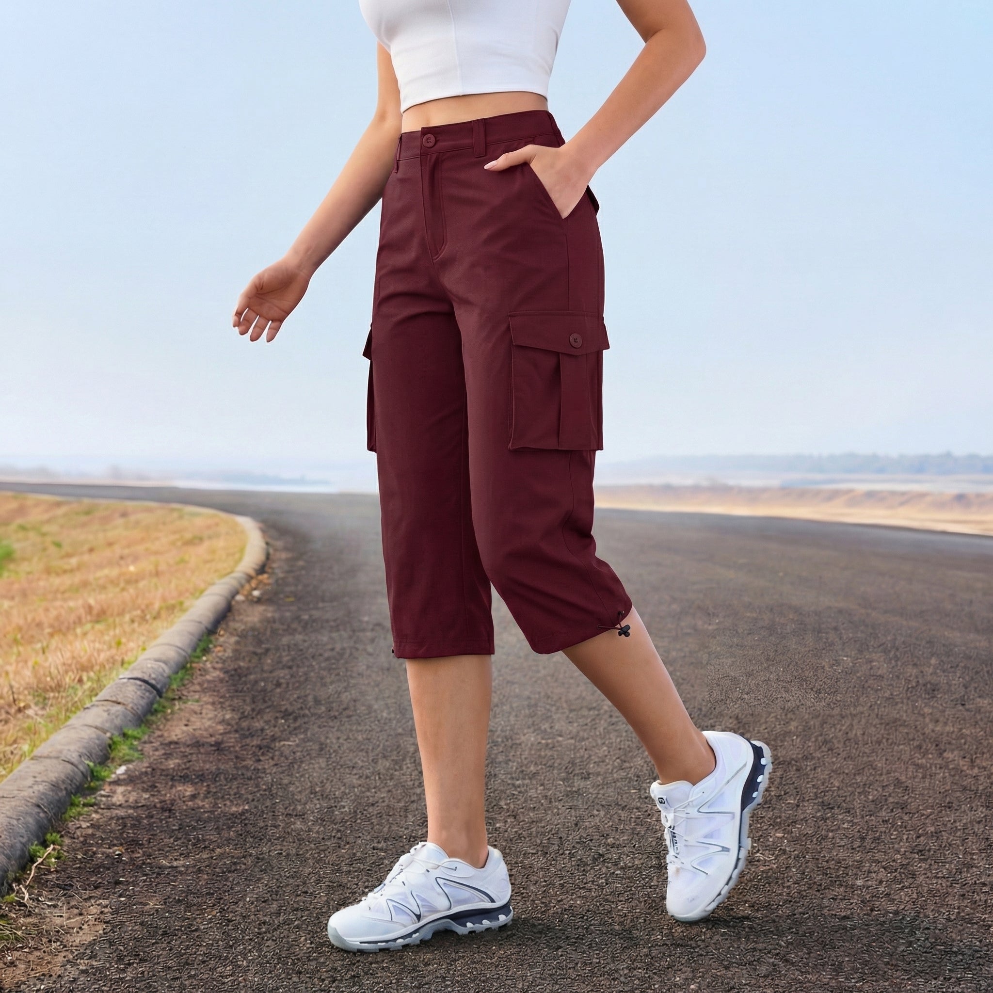 Women's Lightweight Cargo Capris with 6 Pockets Light Grey by MAGCOMSEN #Color_Wine Red