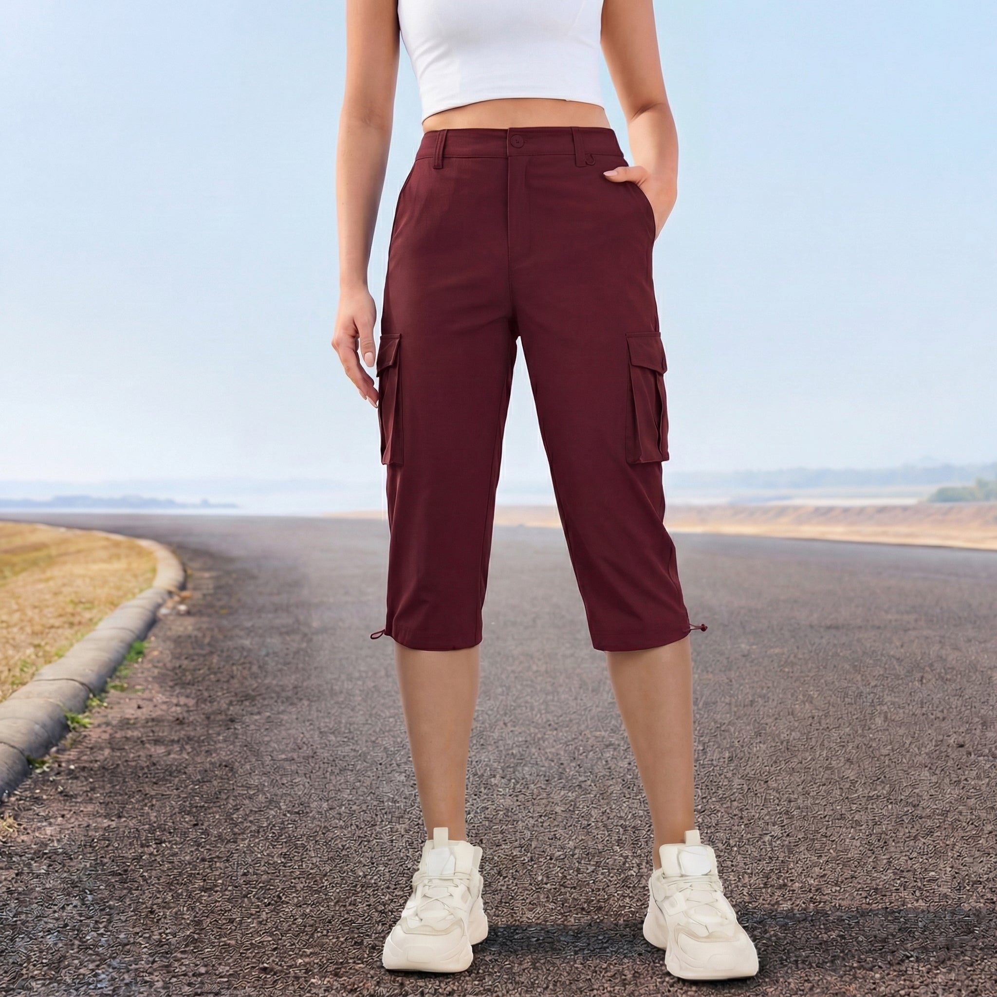 Women's Lightweight Cargo Capris with 6 Pockets Light Grey by MAGCOMSEN #Color_Wine Red