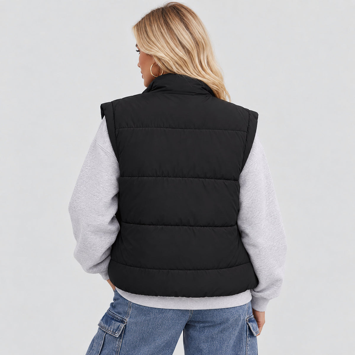 Black MAGCOMSEN Womens Lightweight Cropped Puffer Vest with Stand Collar in #Color_Black