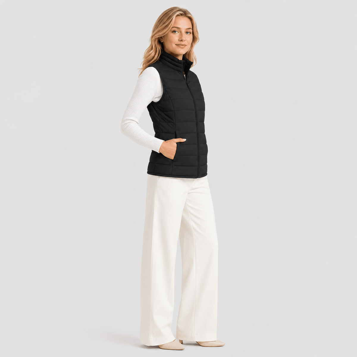 Black MAGCOMSEN Women's Lightweight Puffer Vest with 4 Pockets & Stand Collar in #Color_Black
