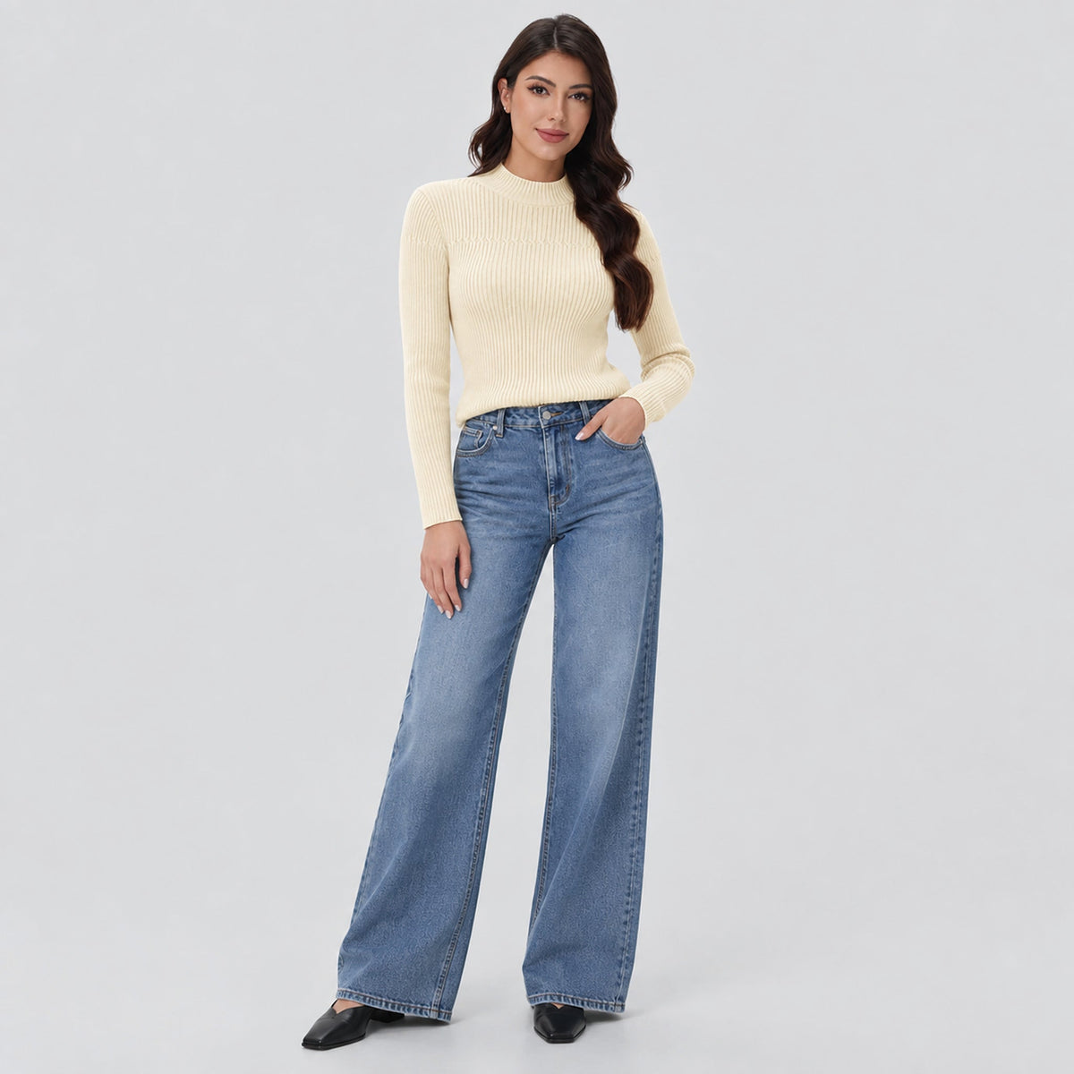 Women's Lightweight Ribbed Mock Neck Sweater Long Sleeve Pullover Light Apricot by MAGCOMSEN