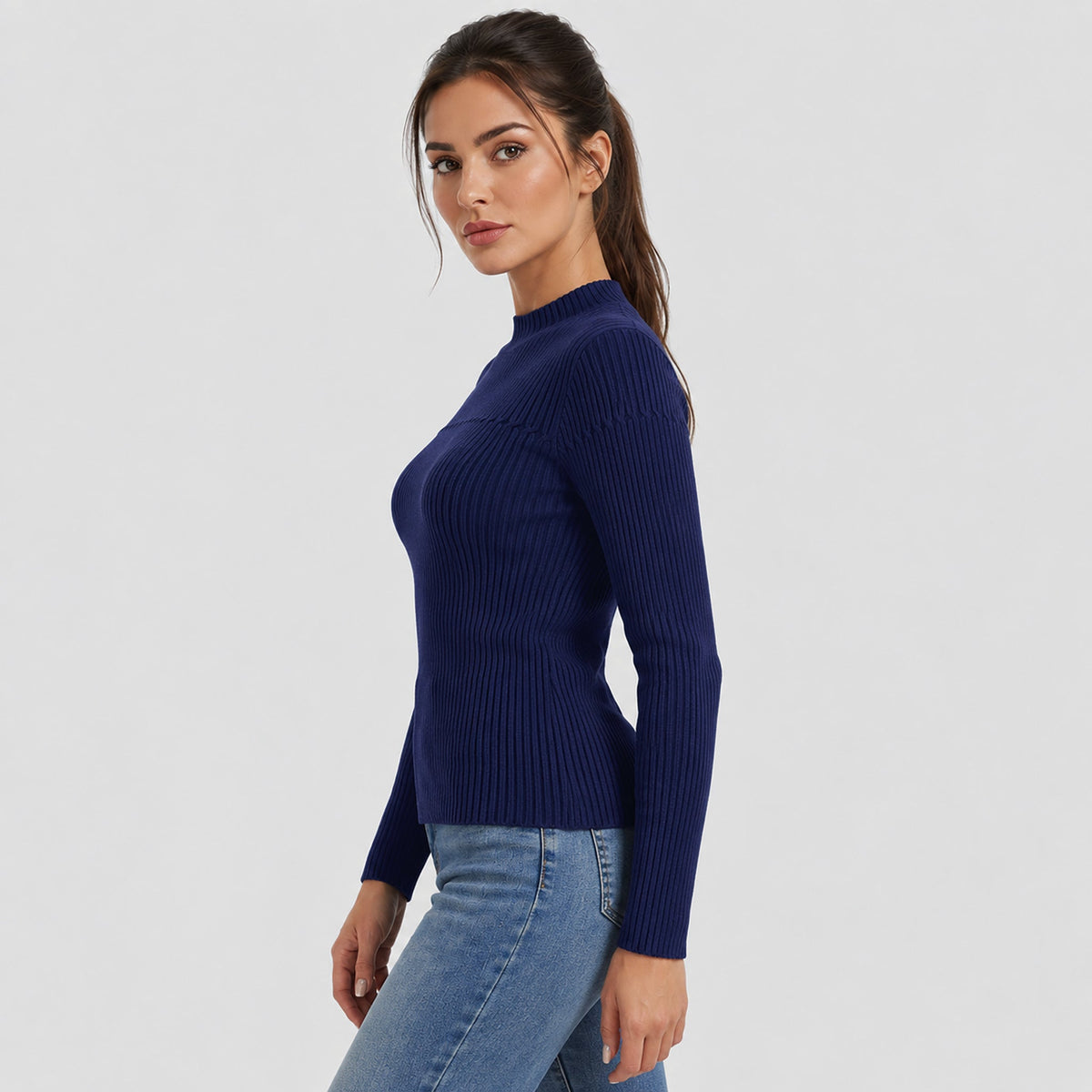 Women's Lightweight Ribbed Mock Neck Sweater Long Sleeve Pullover Navy by MAGCOMSEN
