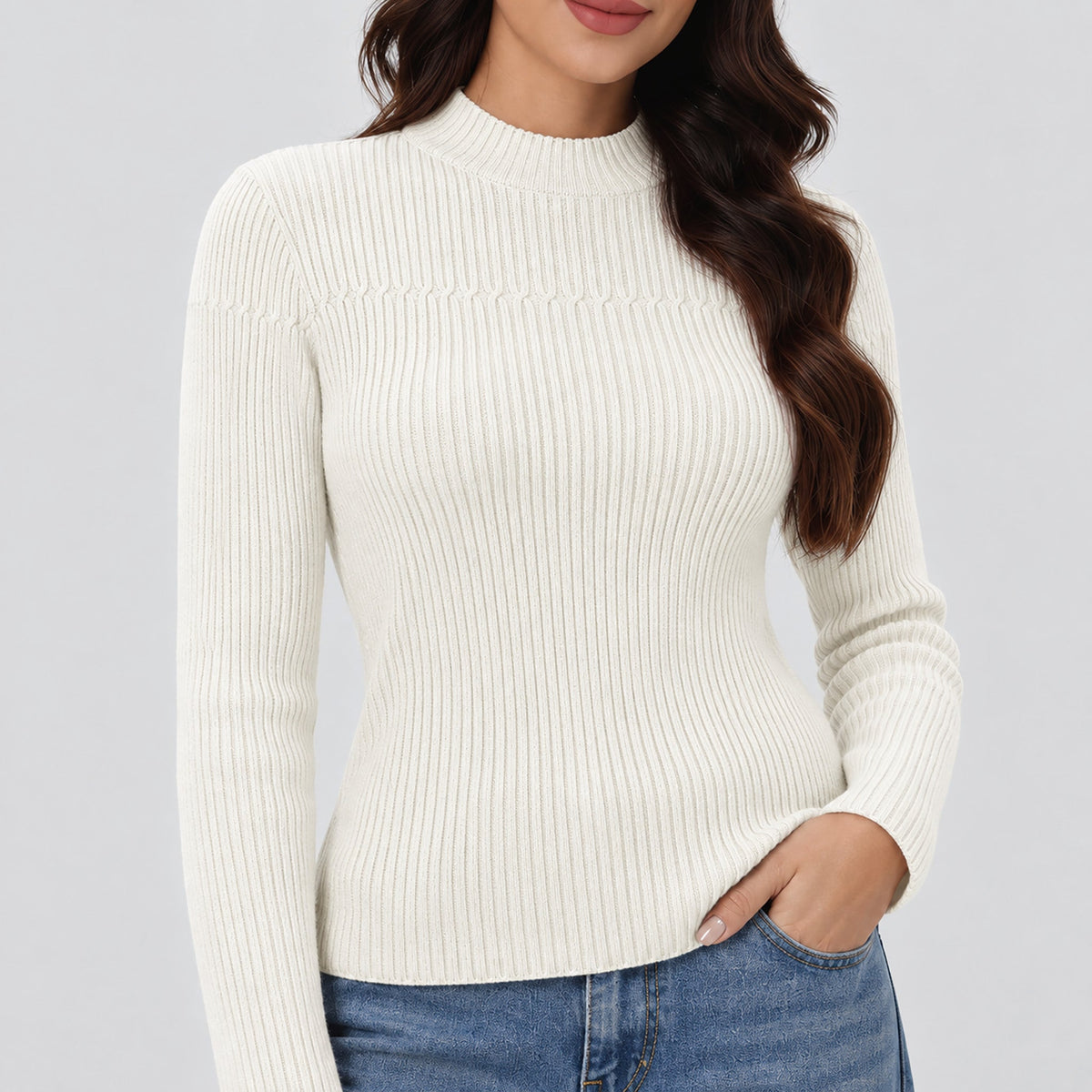 Women's Lightweight Ribbed Mock Neck Sweater Long Sleeve Pullover Beige White by MAGCOMSEN