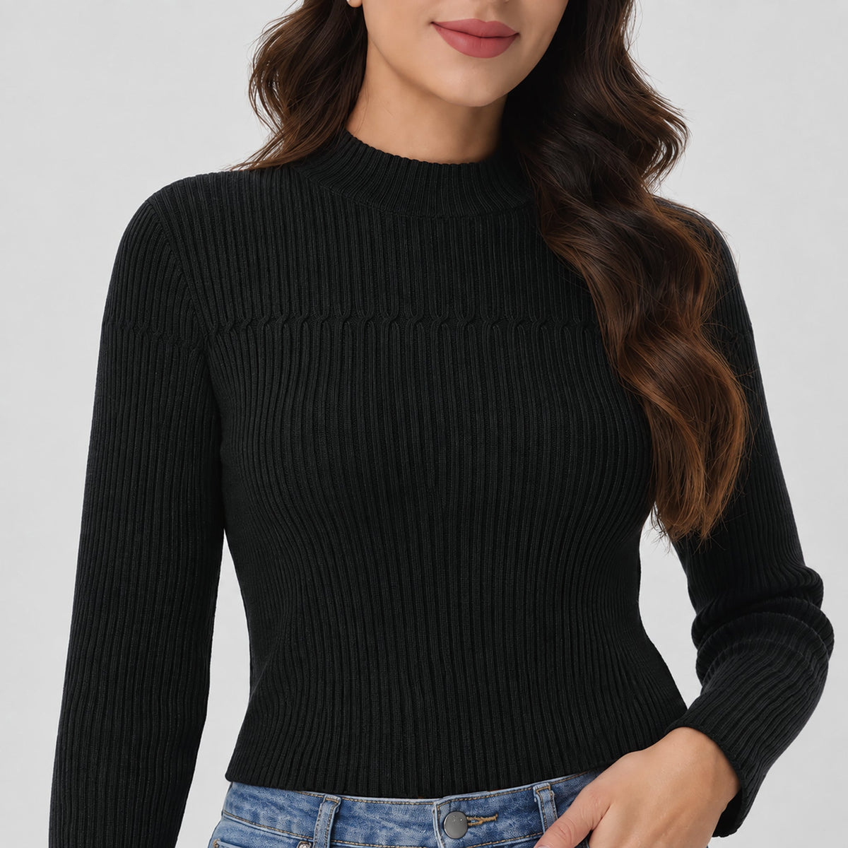 Women's Lightweight Ribbed Mock Neck Sweater Long Sleeve Pullover Black by MAGCOMSEN