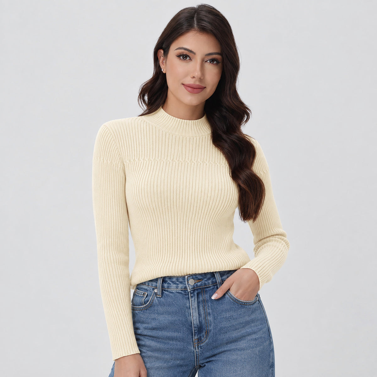 Women's Lightweight Ribbed Mock Neck Sweater Long Sleeve Pullover Light Apricot by MAGCOMSEN