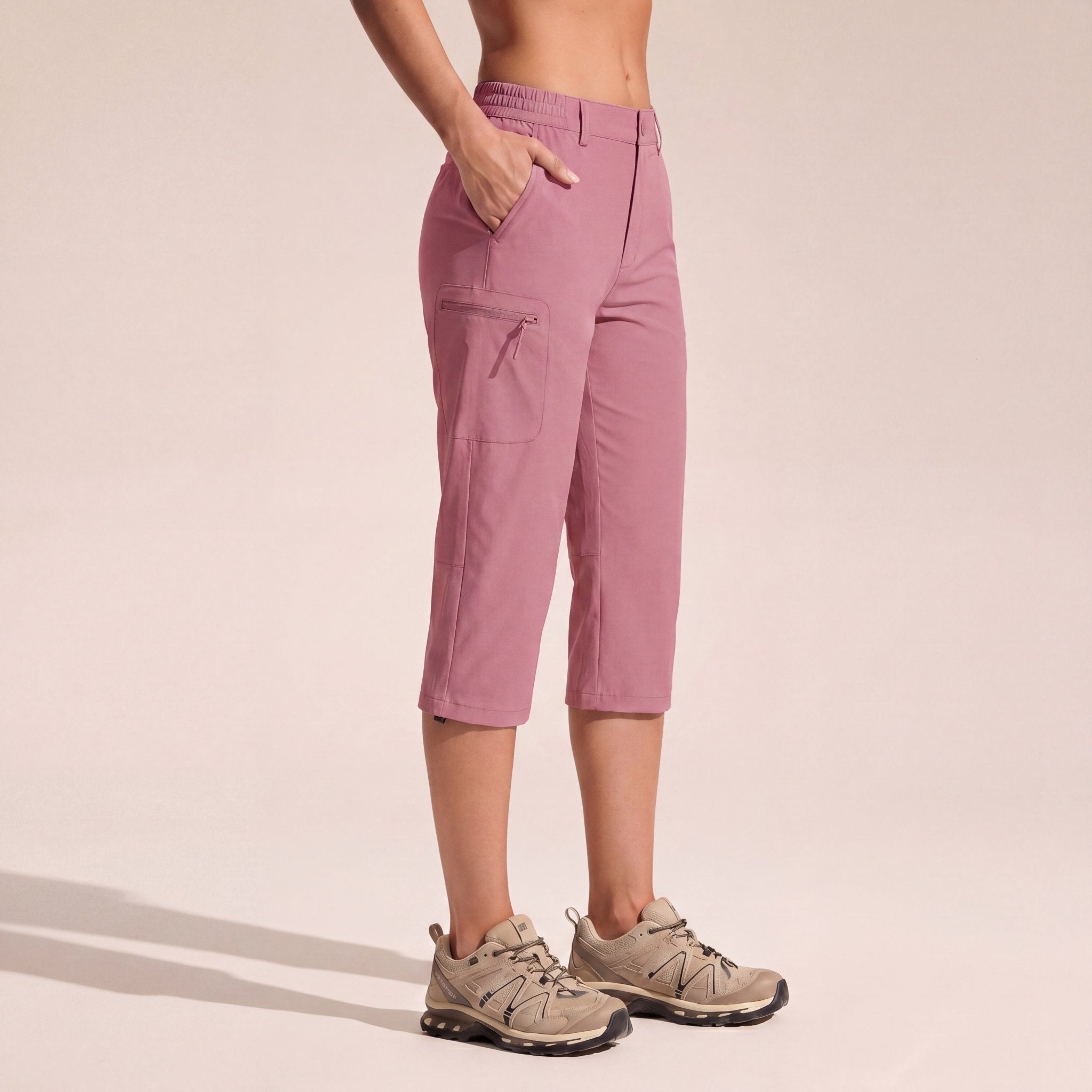 Women's Lightweight Water - Resistant Hiking Capris with 5 Pockets Grey Pink by MAGCOMSEN