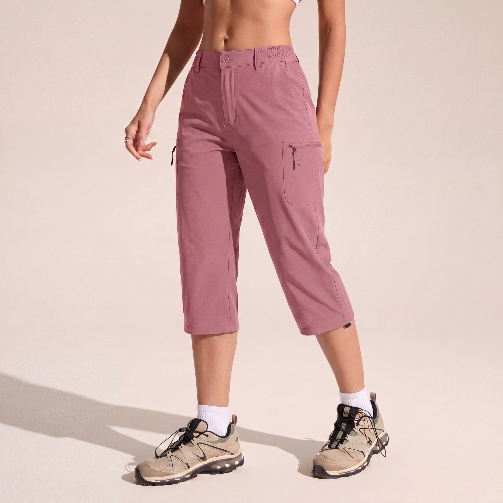 Women's Lightweight Water - Resistant Hiking Capris with 5 Pockets Grey Pink by MAGCOMSEN
