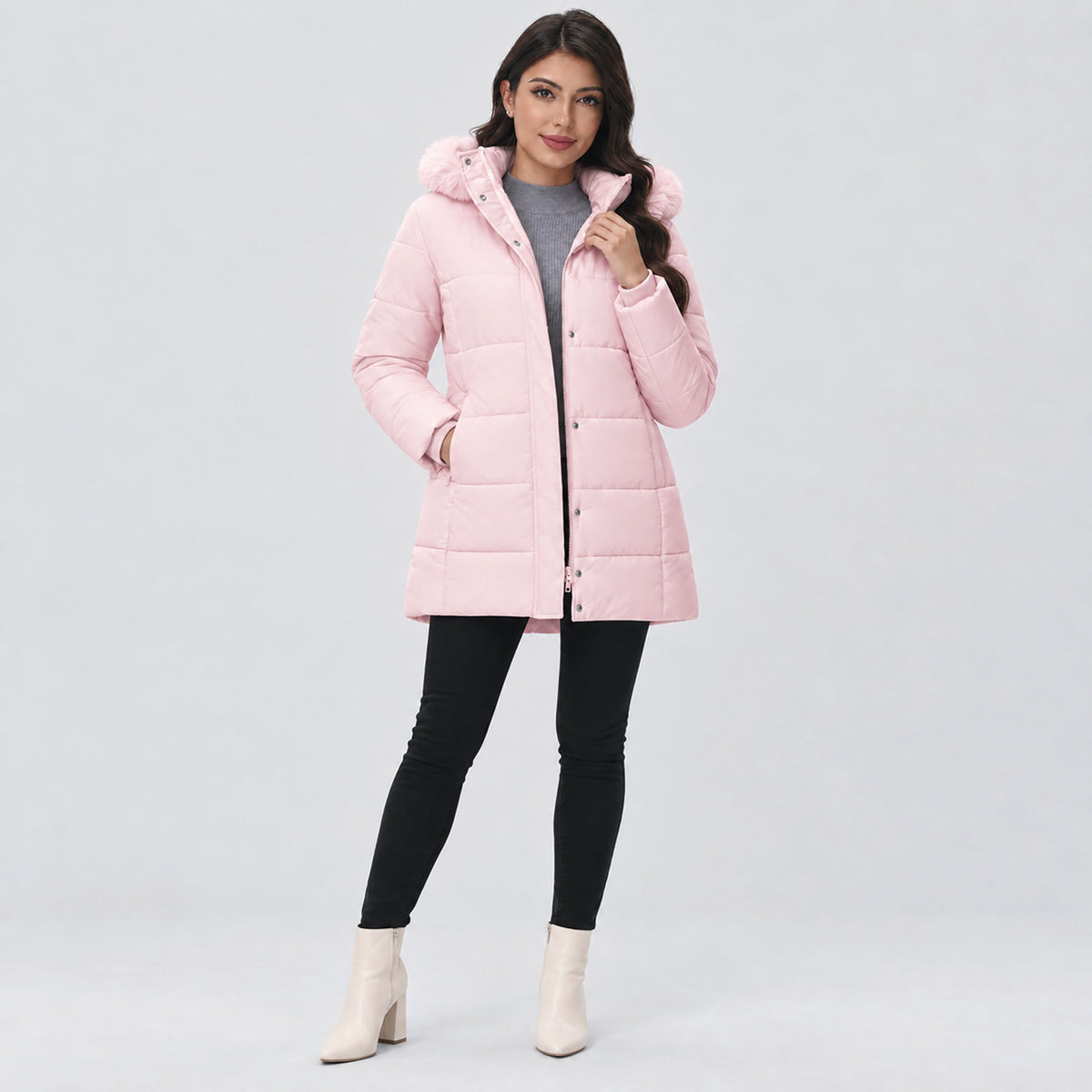 Women's Long Sherpa Lined Puffer Coat - Thick Fleece Winter Parka with Hood Pink by MAGCOMSEN
