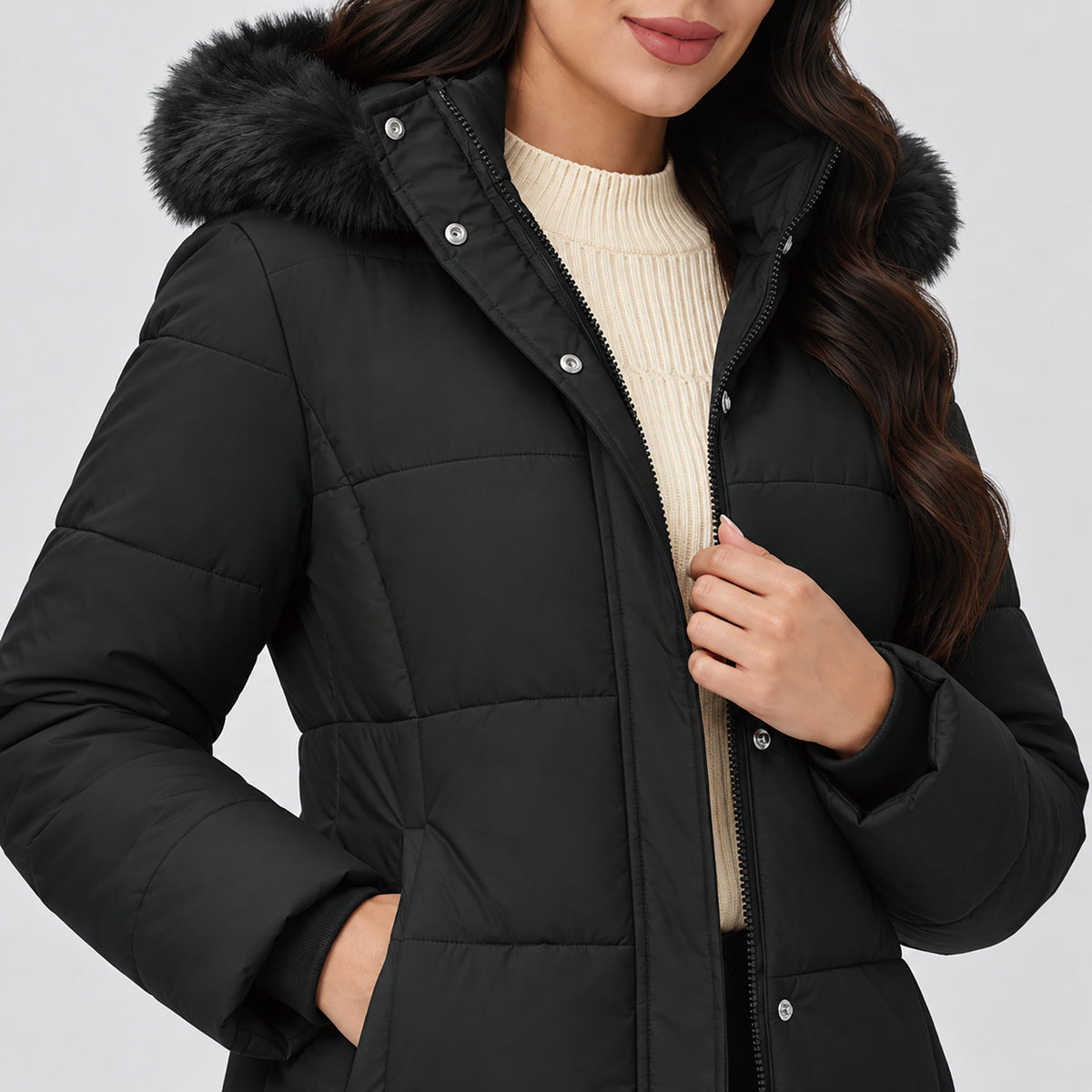 Black MAGCOMSEN Women's Long Sherpa Lined Puffer Coat - Thick Fleece Winter Parka with Hood in #Color_Black