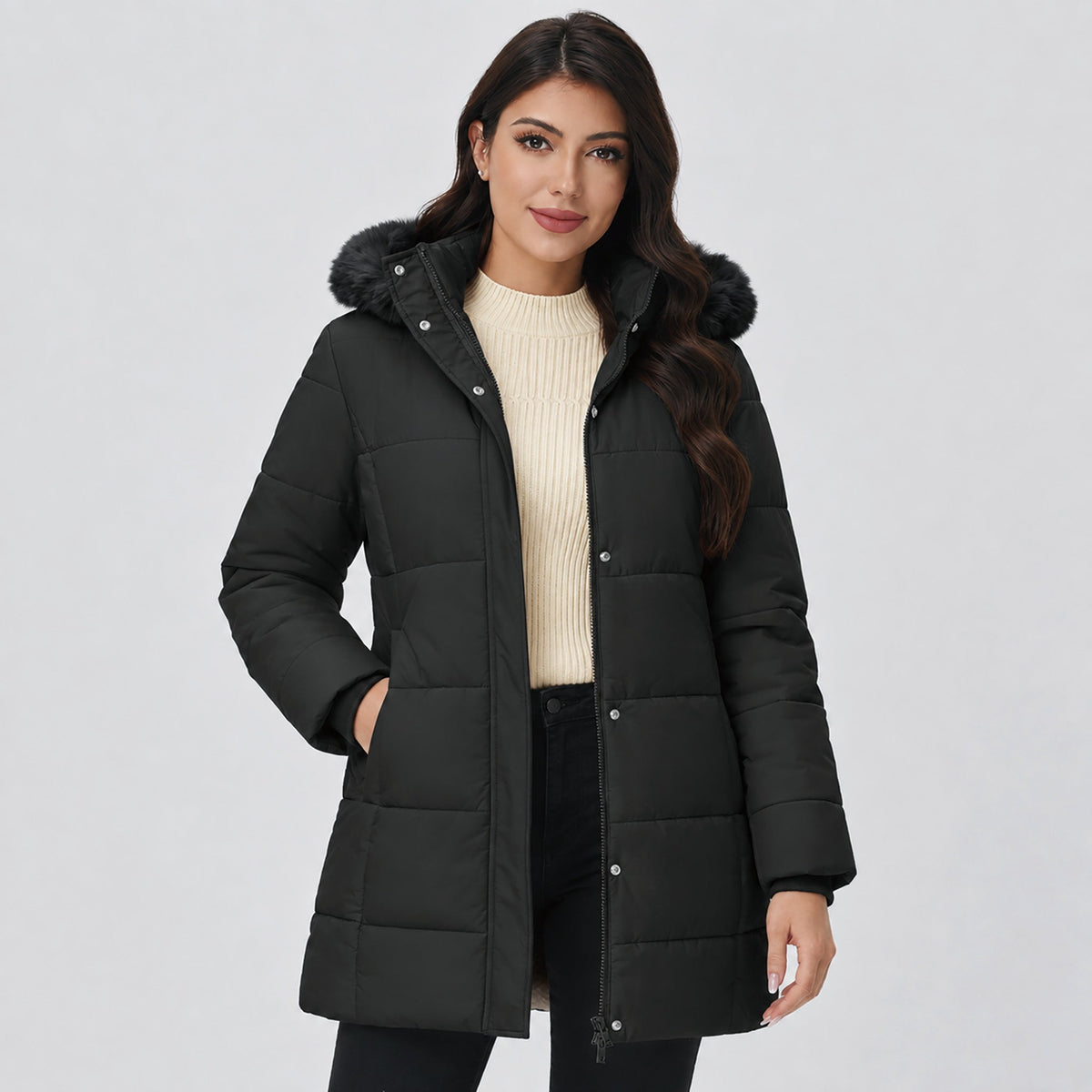 Black MAGCOMSEN Women's Long Sherpa Lined Puffer Coat - Thick Fleece Winter Parka with Hood in #Color_Black