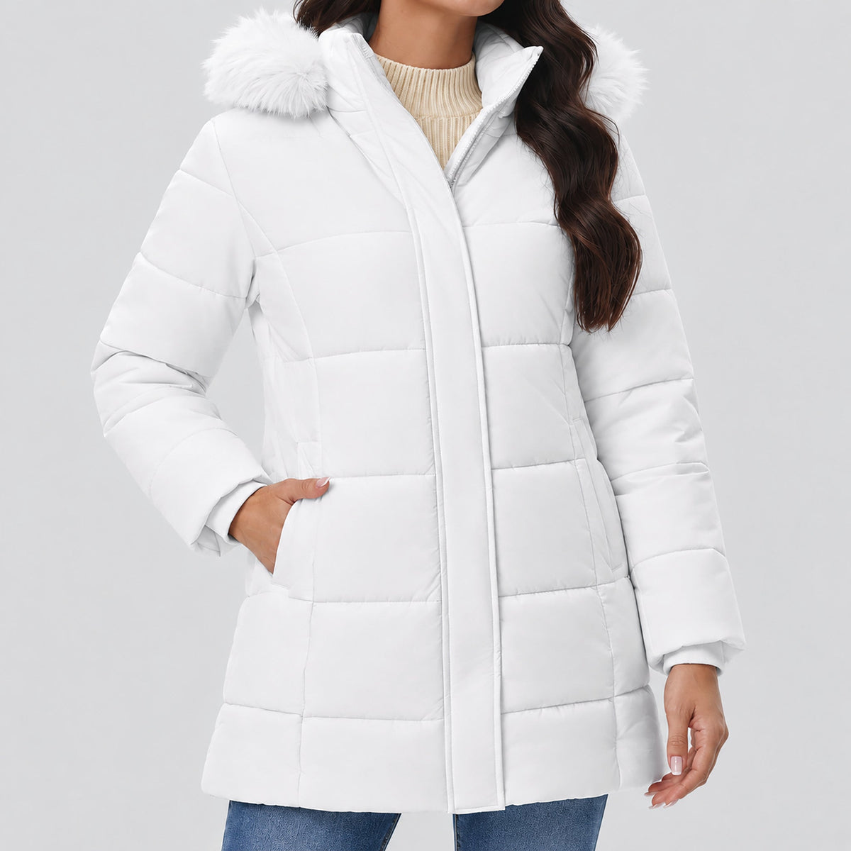 White MAGCOMSEN Women's Long Sherpa Lined Puffer Coat - Thick Fleece Winter Parka with Hood in #Color_White