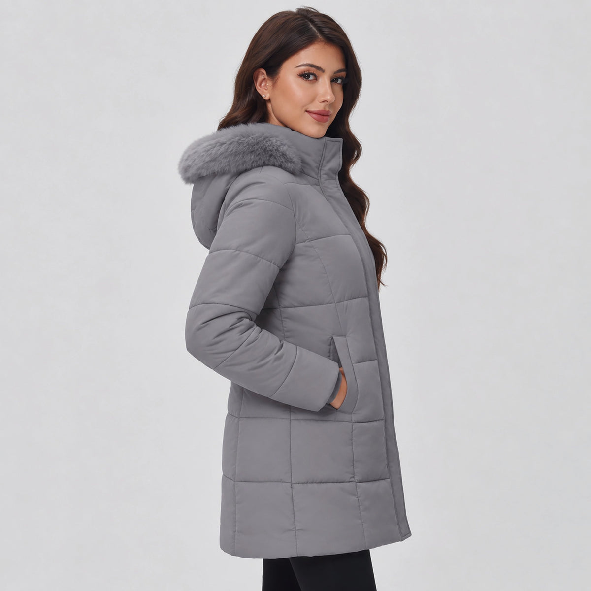 Grey MAGCOMSEN Women's Long Sherpa Lined Puffer Coat - Thick Fleece Winter Parka with Hood in #Color_Grey