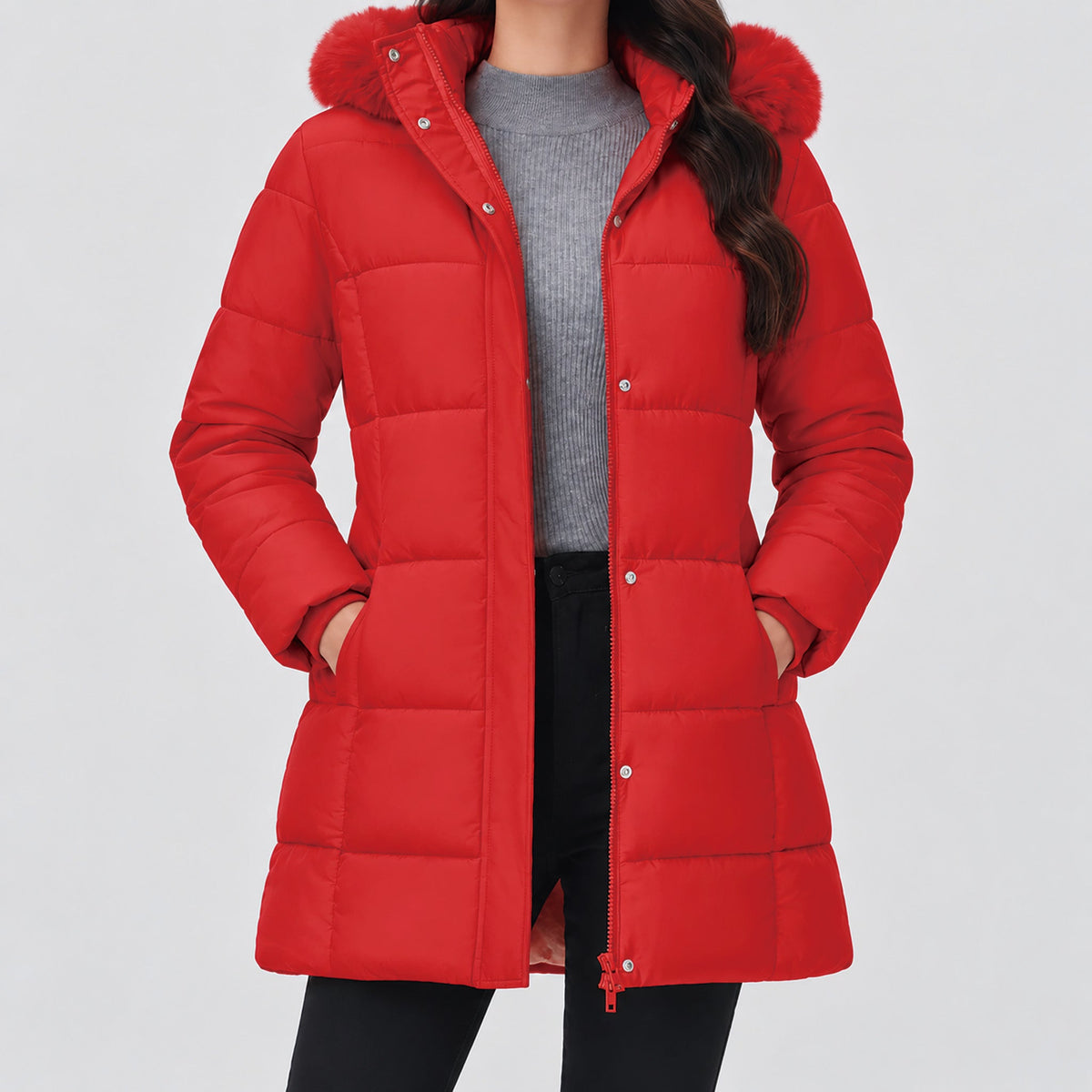 Red MAGCOMSEN Women's Long Sherpa Lined Puffer Coat - Thick Fleece Winter Parka with Hood in #Color_Red