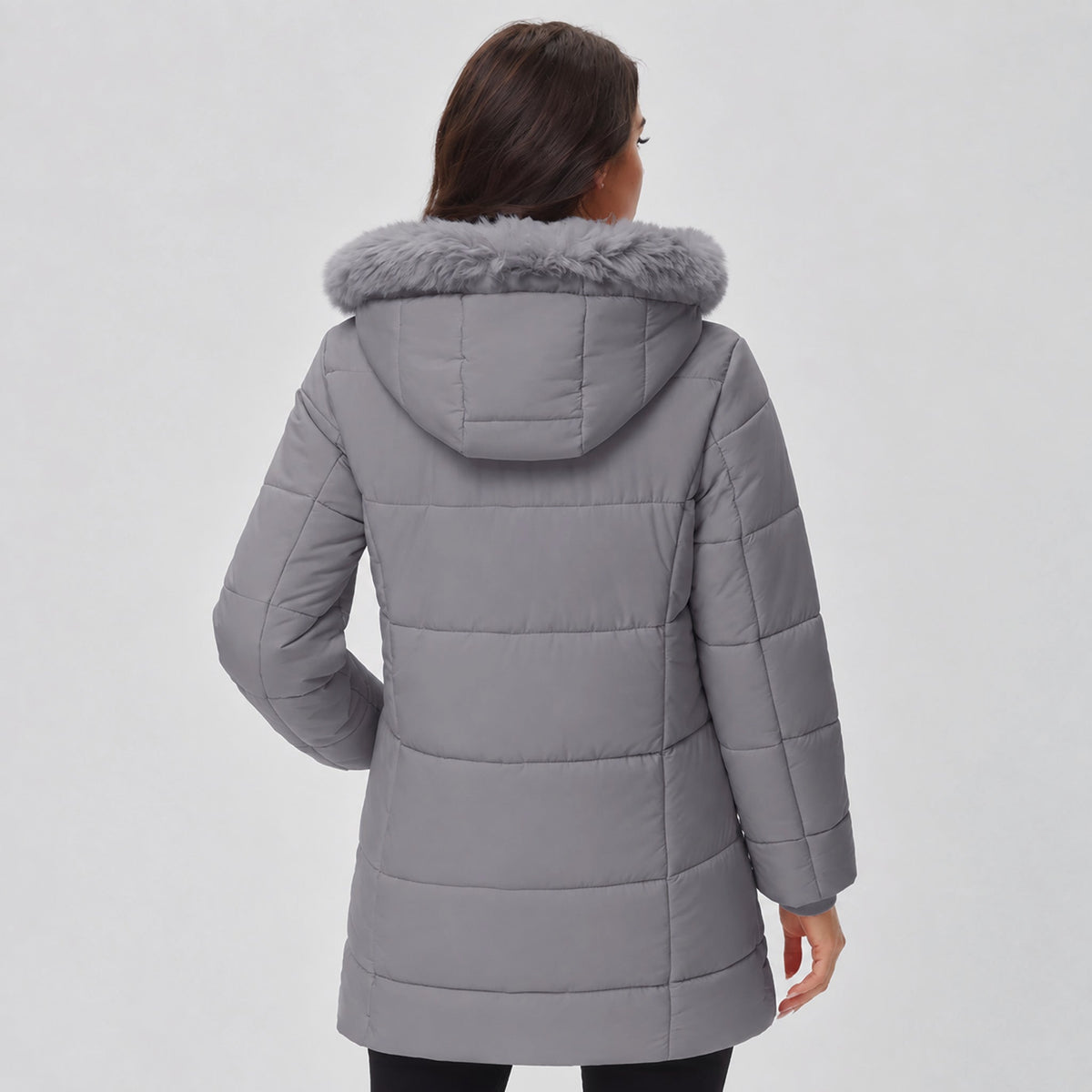 Grey MAGCOMSEN Women's Long Sherpa Lined Puffer Coat - Thick Fleece Winter Parka with Hood in #Color_Grey