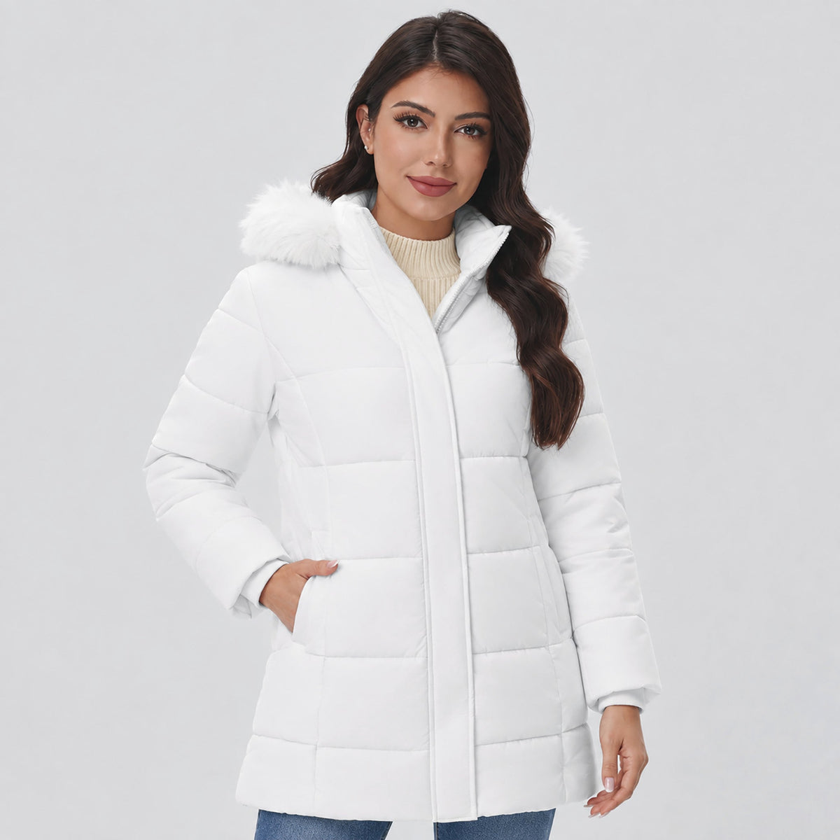 White MAGCOMSEN Women's Long Sherpa Lined Puffer Coat - Thick Fleece Winter Parka with Hood in #Color_White
