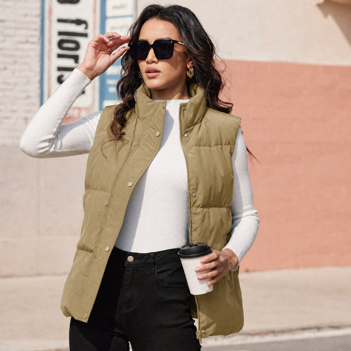 Khaki MAGCOMSEN Women's Oversized Puffer Vest in #Color_Khaki