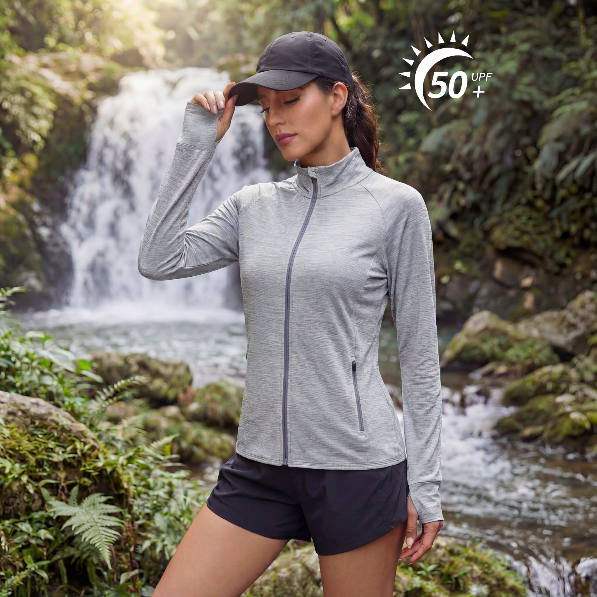 Women's UPF 50+ Full Zip Running Jacket - Lightweight Sun Protection Top Light Grey by MAGCOMSEN