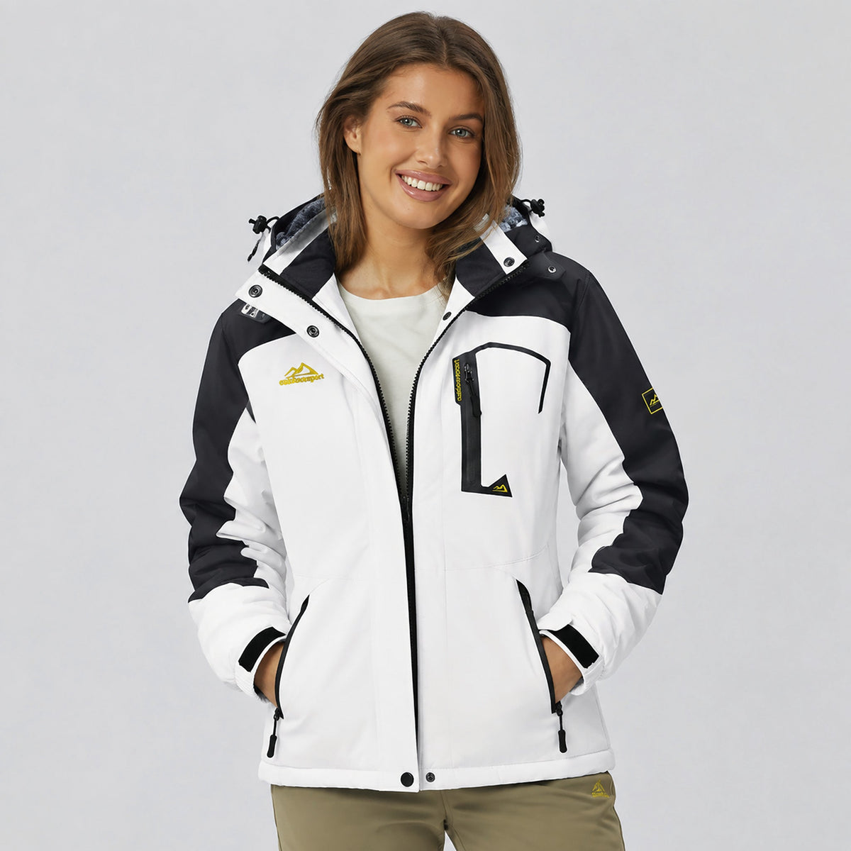 Women's Water-Resistant Fleece Ski Jacket with 4 Pockets White Black by MAGCOMSEN
