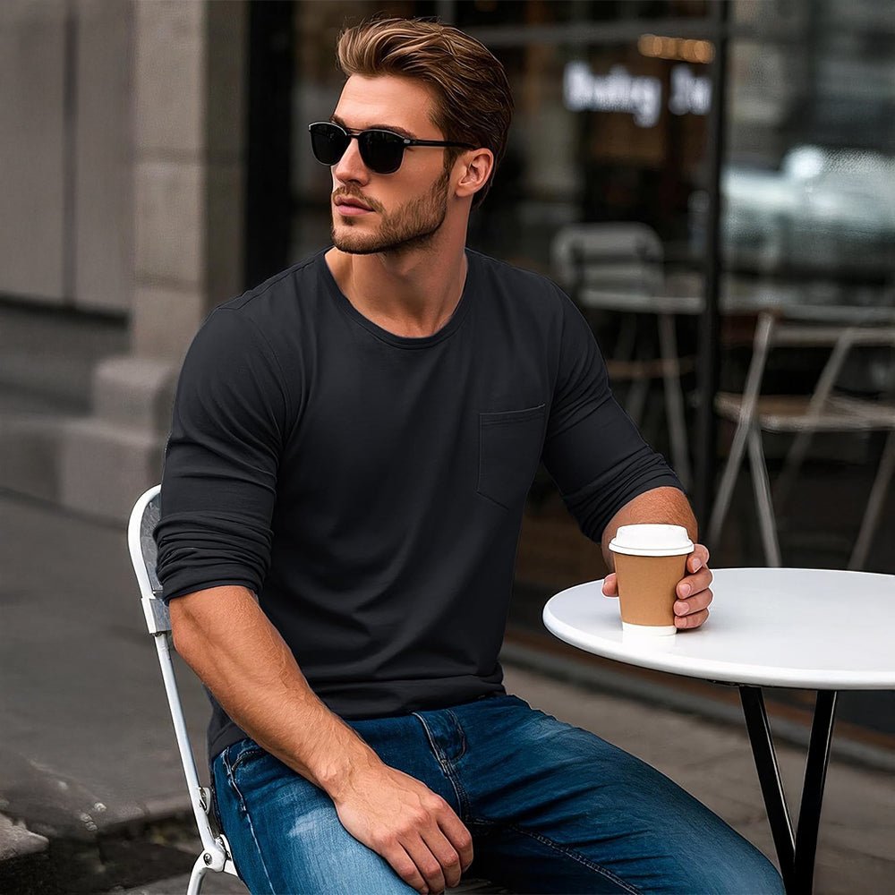 Black Men's Basic Long Sleeve Shirt Casual Lightweight T-Shirt - MAGCOMSEN