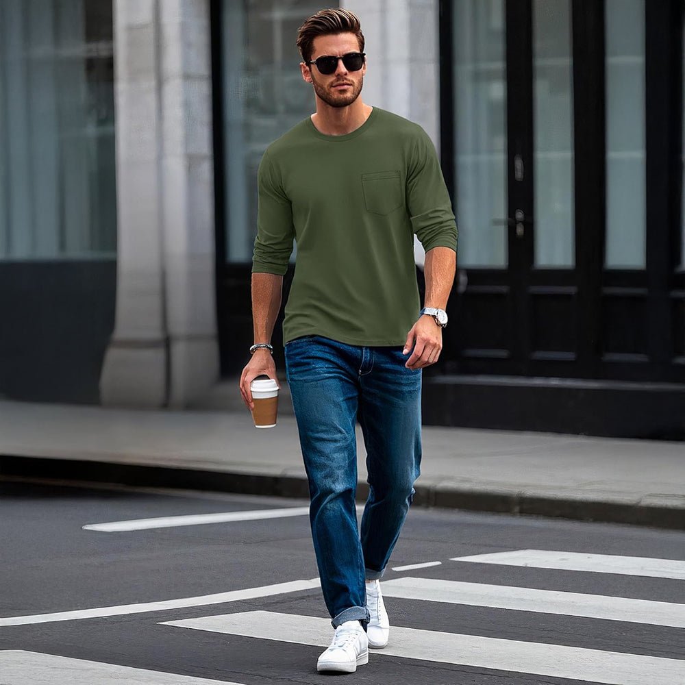 Army Green Men's Basic Long Sleeve Shirt Casual Lightweight T-Shirt - MAGCOMSEN