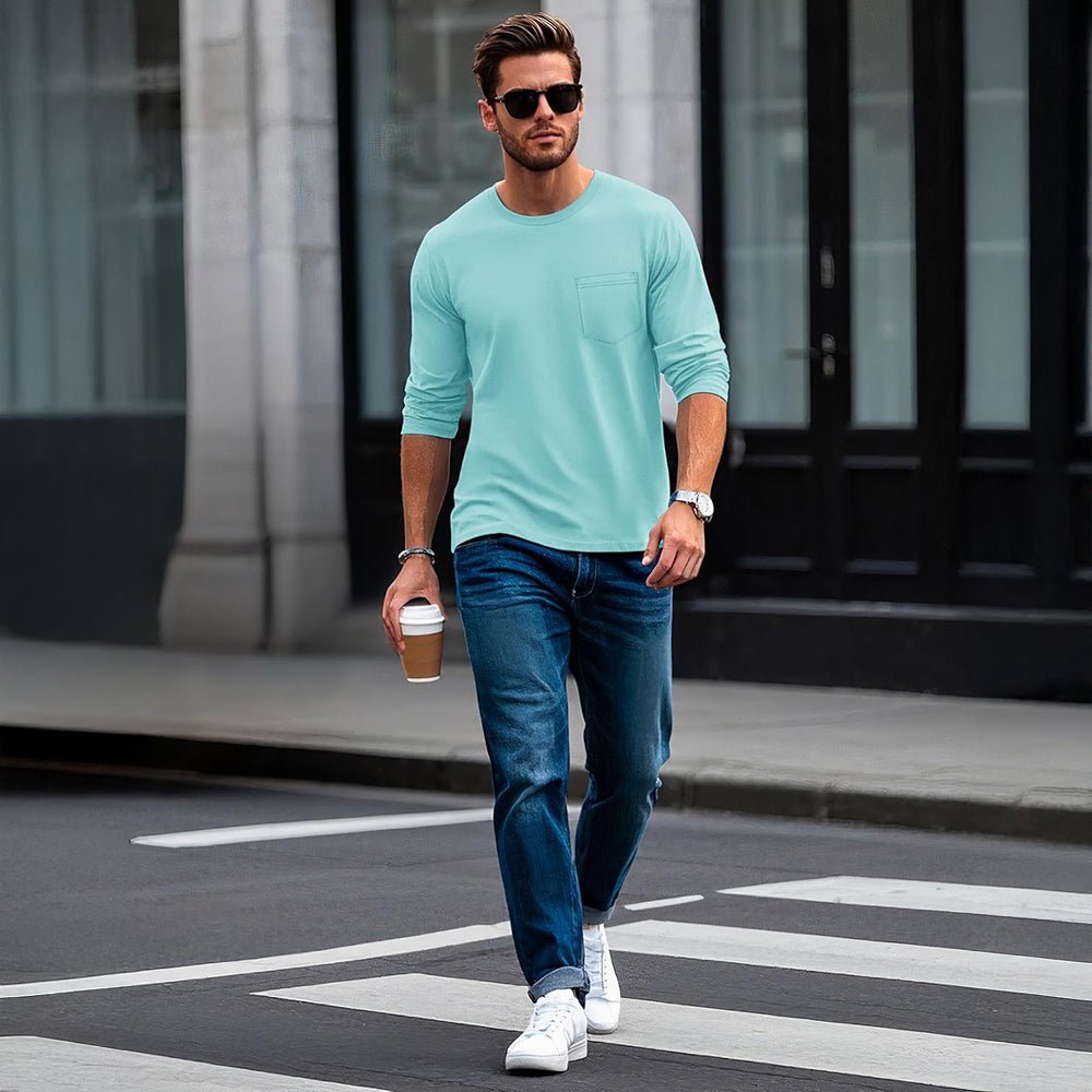 Lake Blue Men's Basic Long Sleeve Shirt Casual Lightweight T-Shirt - MAGCOMSEN