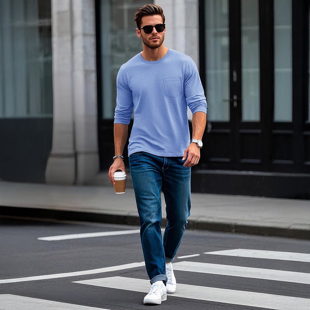 Light Blue Men's Basic Long Sleeve Shirt Casual Lightweight T-Shirt - MAGCOMSEN