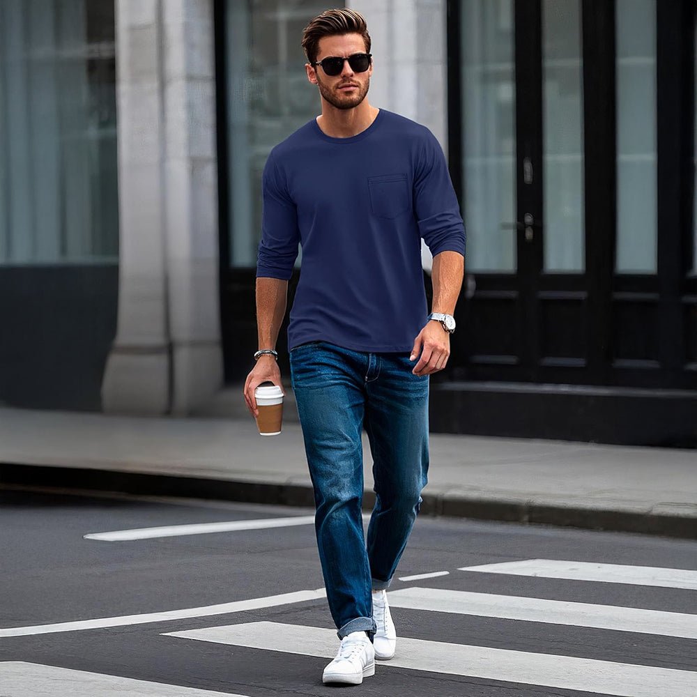 Navy Men's Basic Long Sleeve Shirt Casual Lightweight T-Shirt - MAGCOMSEN