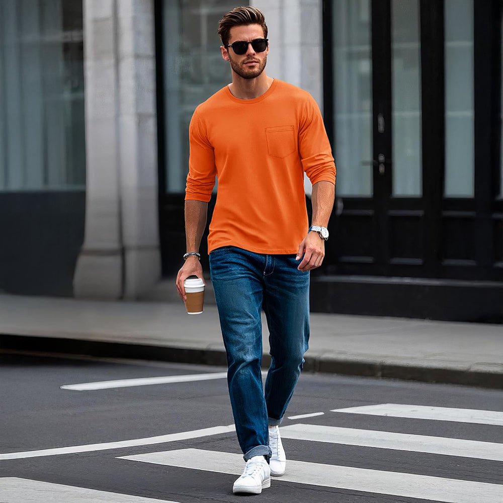 Orange Men's Basic Long Sleeve Shirt Casual Lightweight T-Shirt - MAGCOMSEN