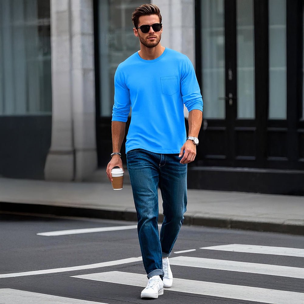 Azure Men's Basic Long Sleeve Shirt Casual Lightweight T-Shirt - MAGCOMSEN