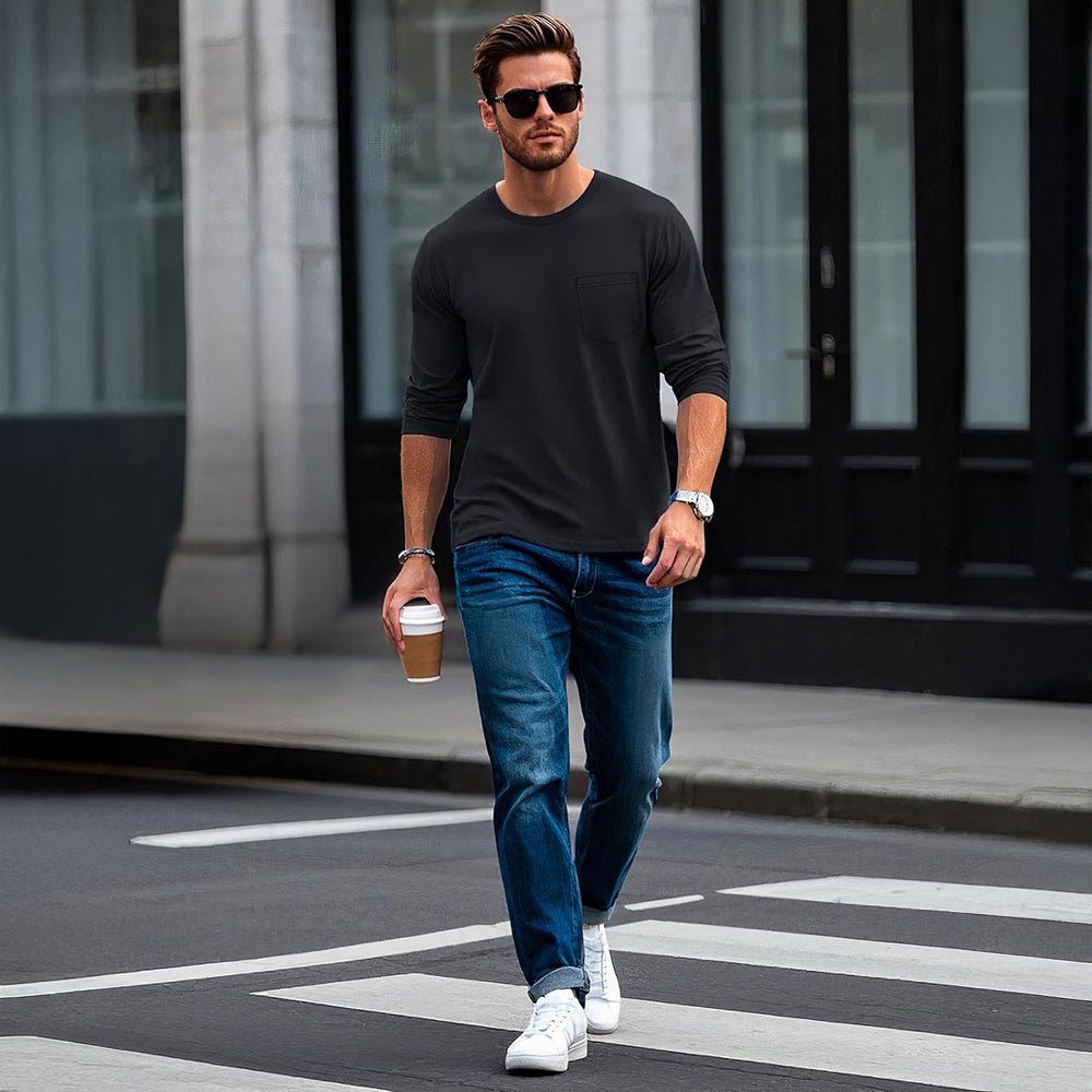 Black Men's Basic Long Sleeve Shirt Casual Lightweight T-Shirt - MAGCOMSEN