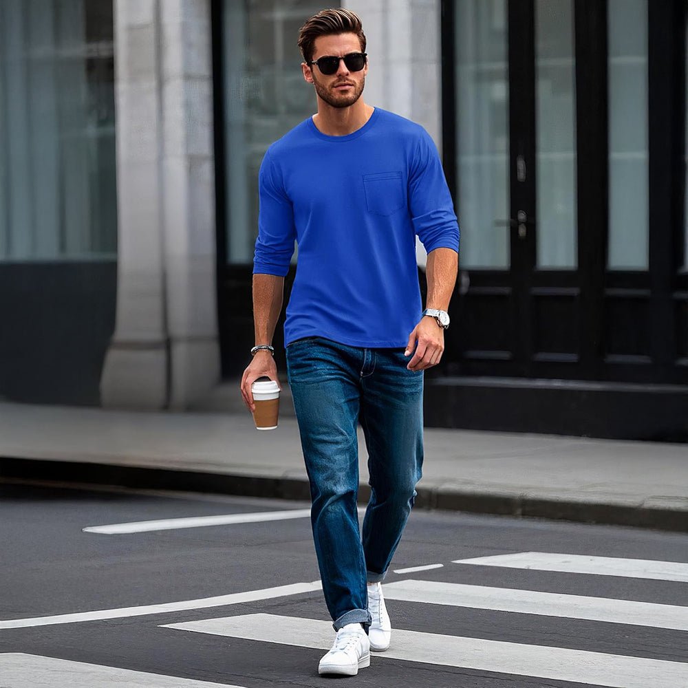 Bright Blue Men's Basic Long Sleeve Shirt Casual Lightweight T-Shirt - MAGCOMSEN