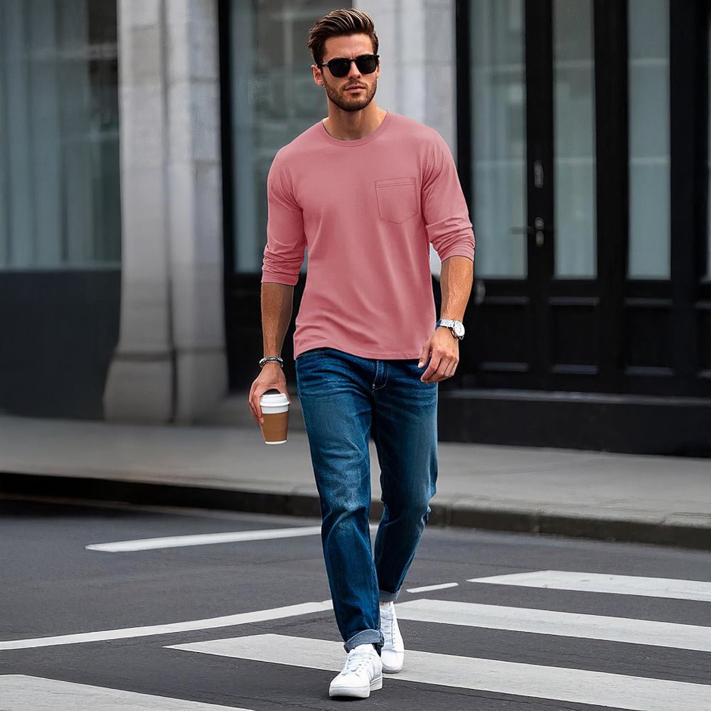 Grey Pink Men's Basic Long Sleeve Shirt Casual Lightweight T-Shirt - MAGCOMSEN