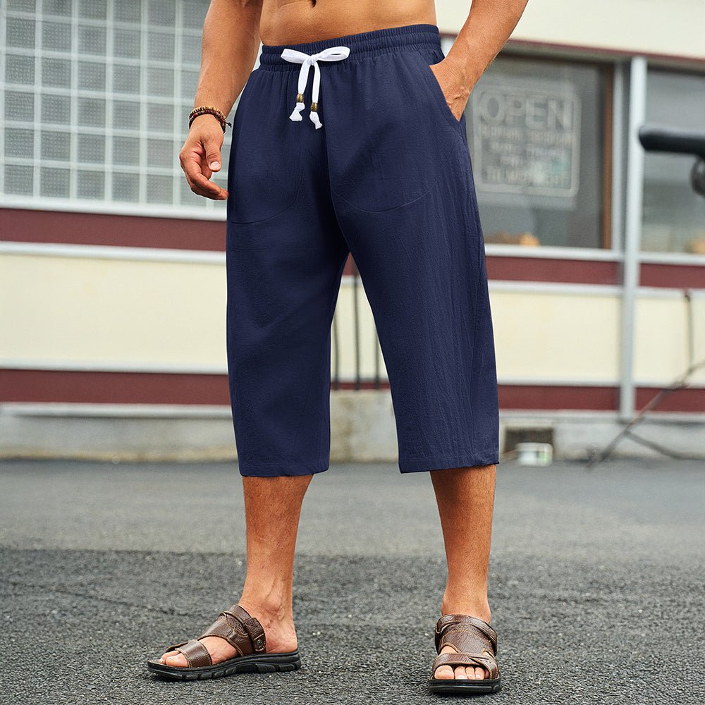 Navy Men's Capri Shorts Linen Casual Yoga Shorts - MAGCOMSEN