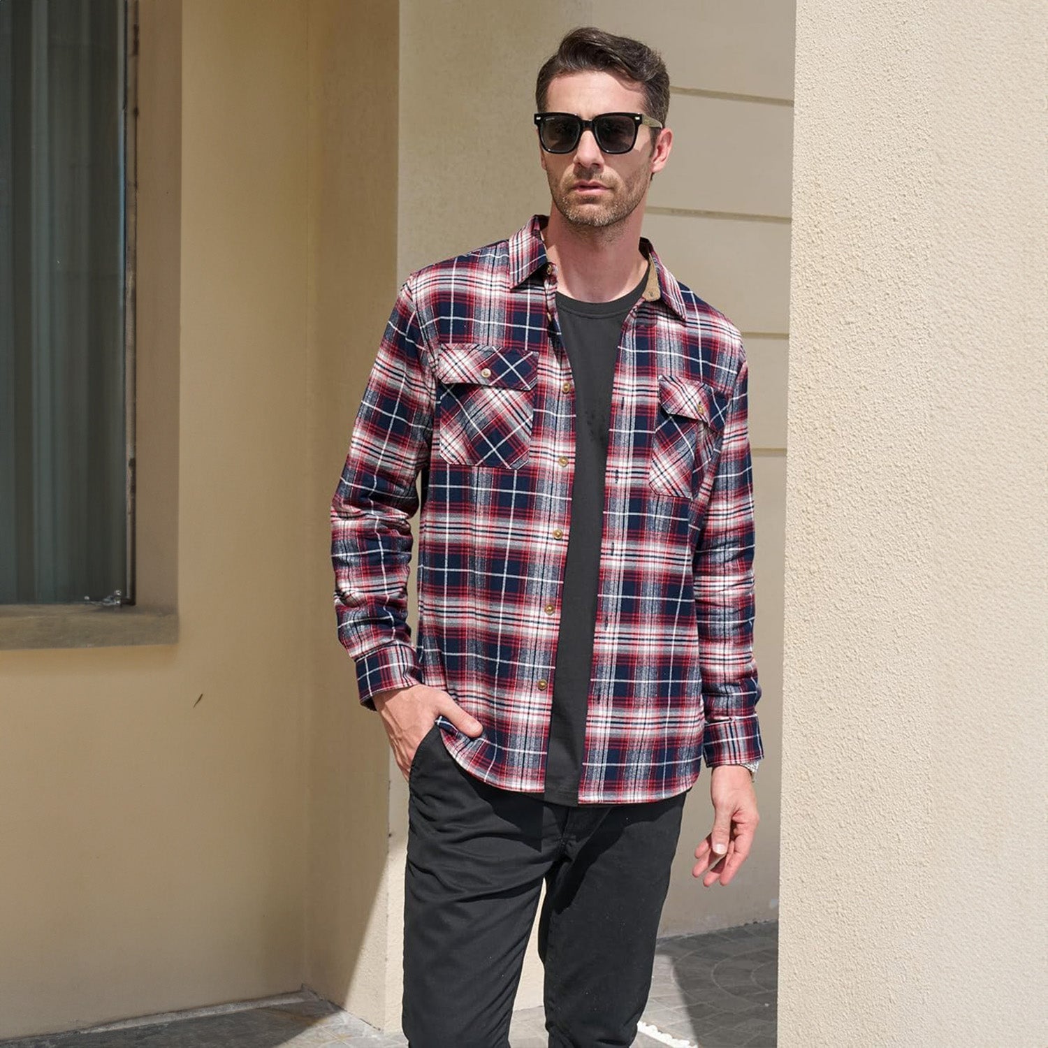 Men's Flannel Shirts Long Sleeve Plaid Shirt Button Up Casual Shirts Lightweight Shirt Jacket with 2 Pockets - MAGCOMSEN