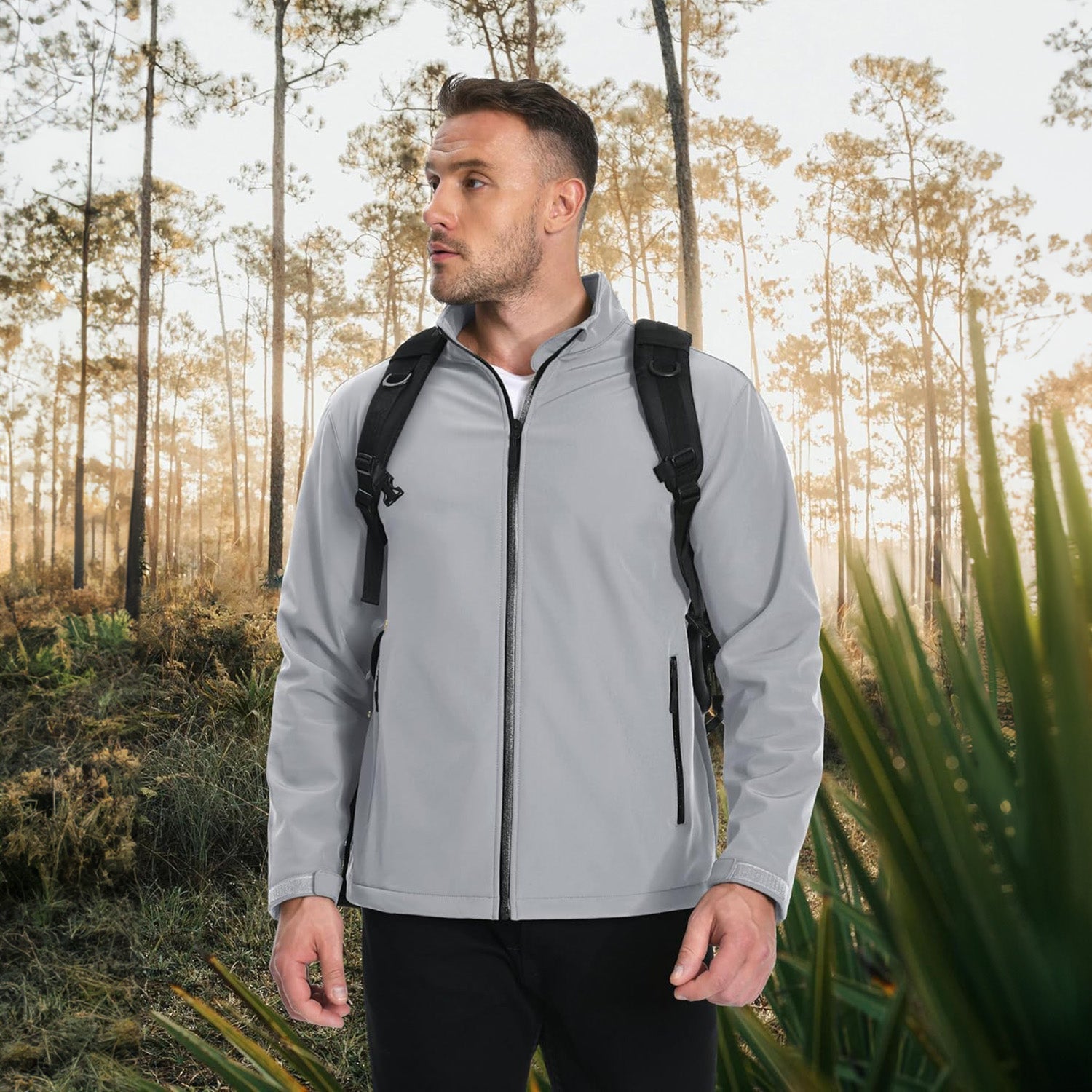 Light Grey Men's Fleece-Lined Softshell Jacket, Waterproof & Windproof - MAGCOMSEN