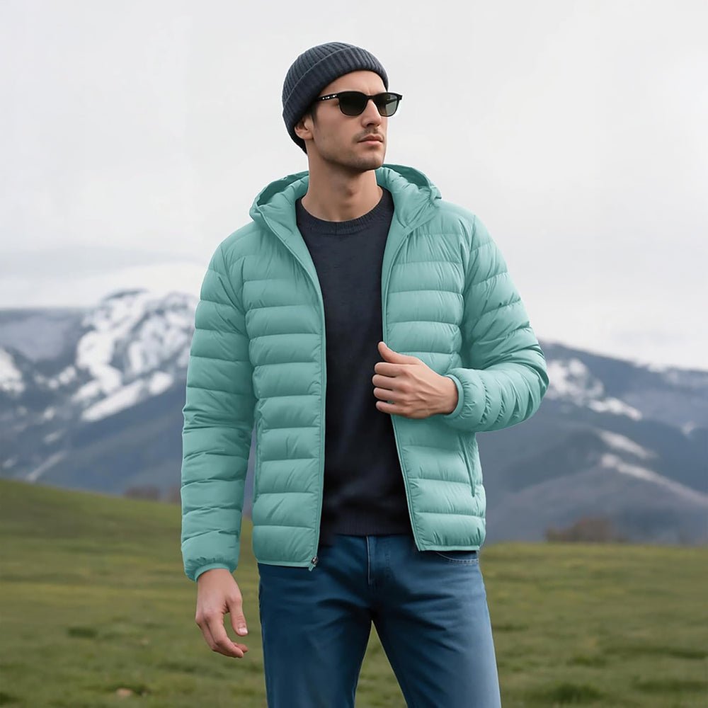 Grey Green Men's Lightweight Hooded Puffer Jacket - Quilted Winter Coat - MAGCOMSEN