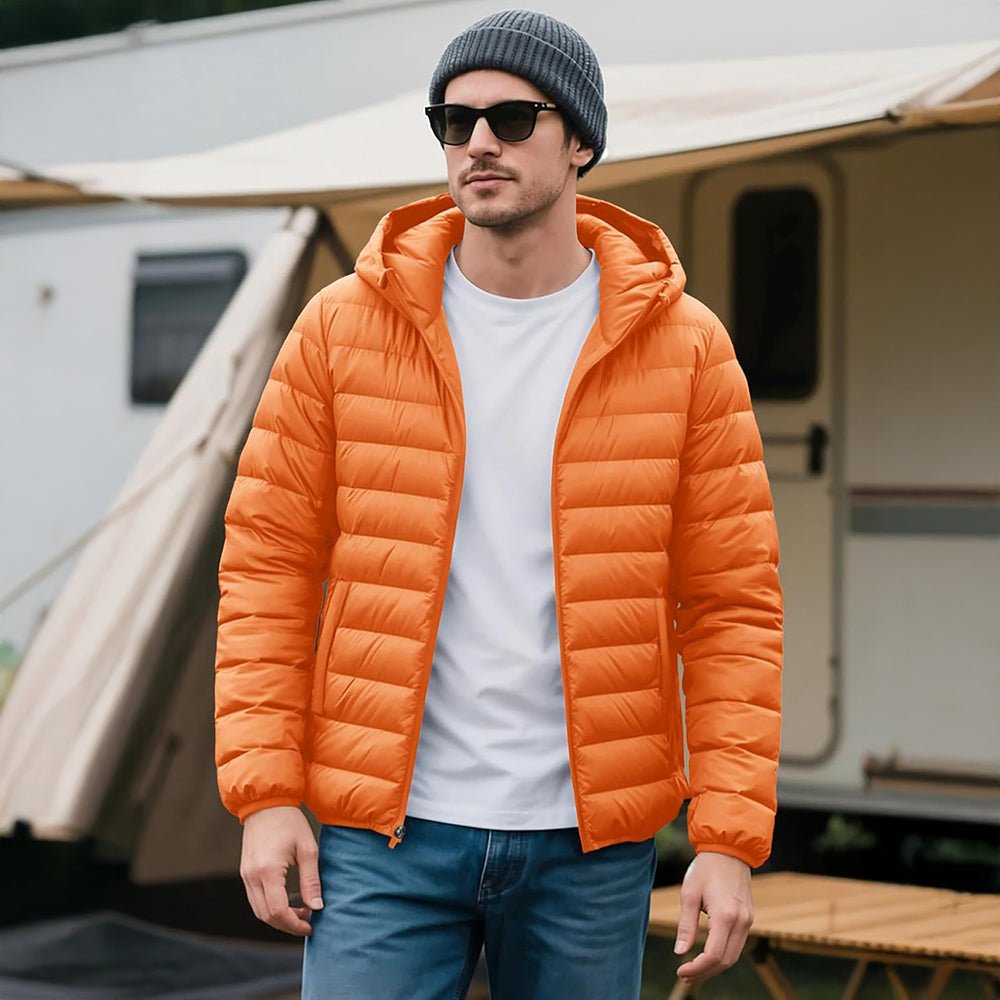 Orange Men's Lightweight Hooded Puffer Jacket - Quilted Winter Coat - MAGCOMSEN