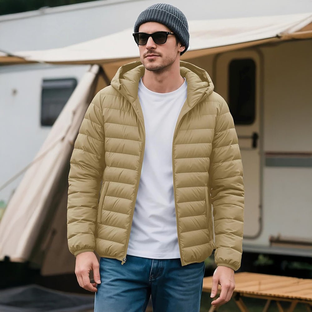 Khaki Men's Lightweight Hooded Puffer Jacket - Quilted Winter Coat - MAGCOMSEN