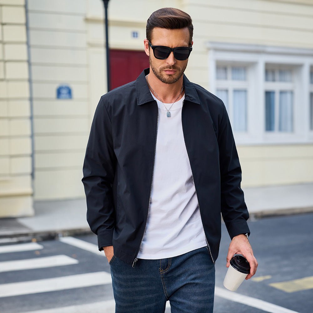Black Men's Lightweight Jacket Casual Laydown Collar Jacket - MAGCOMSEN
