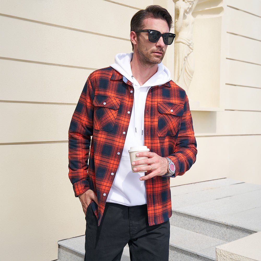 Orange Men's Long Sleeve Cotton Plaid Flannel Shirt - MAGCOMSEN