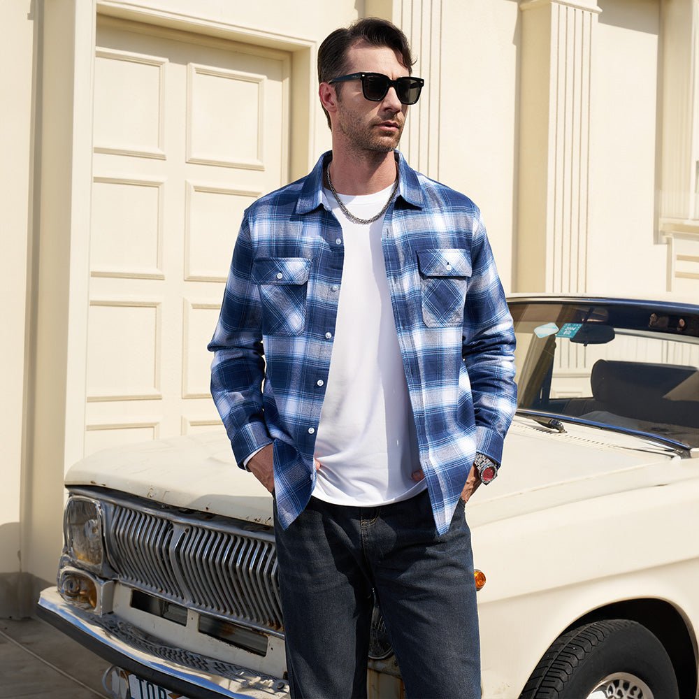 Blue White Men's Long Sleeve Cotton Plaid Flannel Shirt - MAGCOMSEN