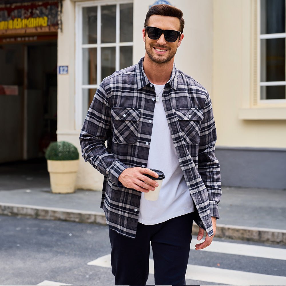 Navy Men's Long Sleeve Cotton Plaid Flannel Shirt - MAGCOMSEN