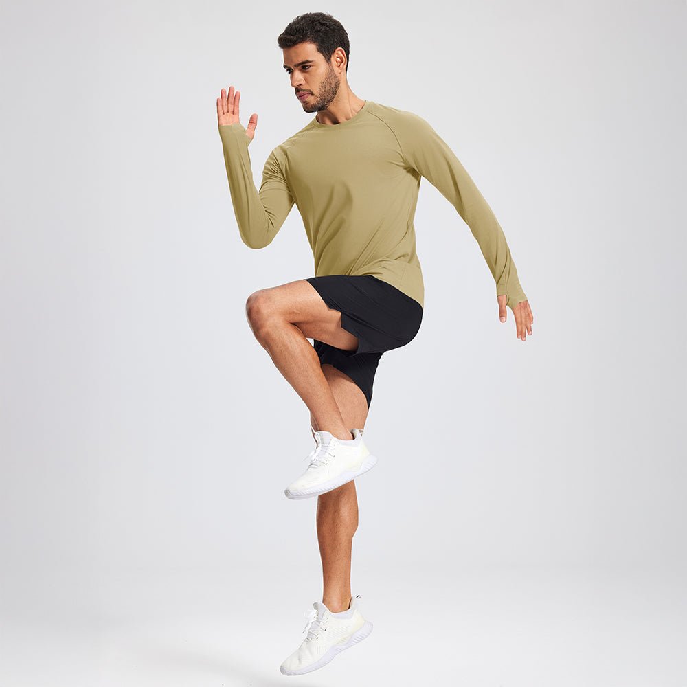 Khaki Men's Long Sleeve Dry Fit Athletic Running Shirt - MAGCOMSEN
