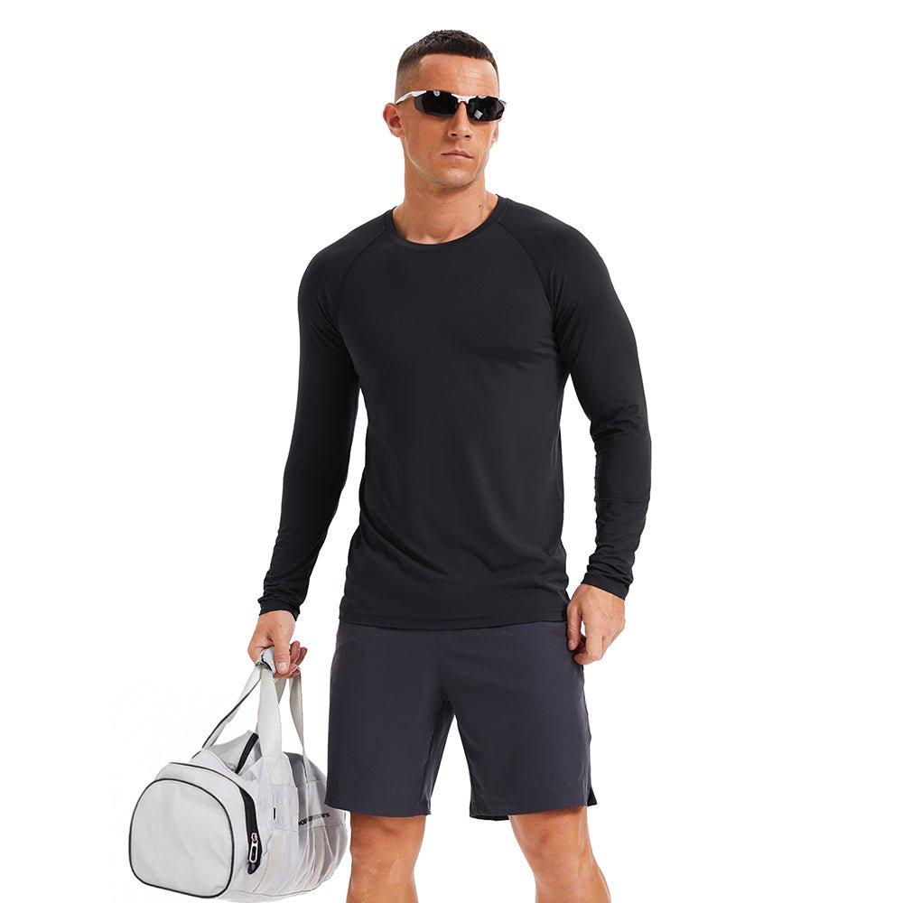 Black Men's Long Sleeve Rash Guard UPF 50+ Athletic Swim Shirt - MAGCOMSEN