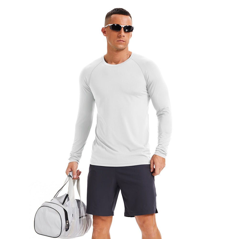 White Men's Long Sleeve Rash Guard UPF 50+ Athletic Swim Shirt - MAGCOMSEN