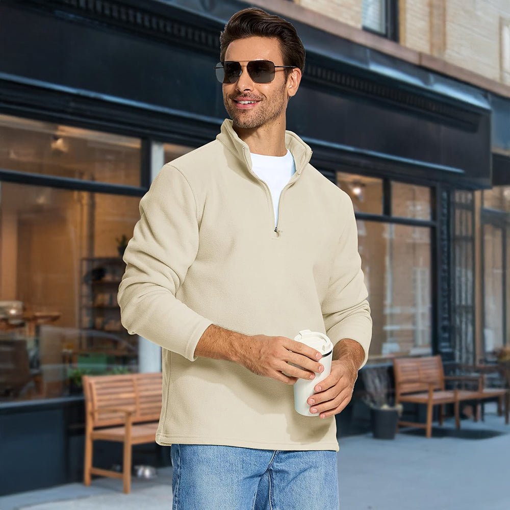 Beige Men's Polar Fleece Pullover Quarter Zip Winter Sweatshirt - MAGCOMSEN