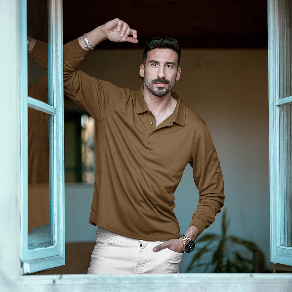 Brown Men's Quick Dry Tactical Polo - Long Sleeve Performance Shirt - MAGCOMSEN