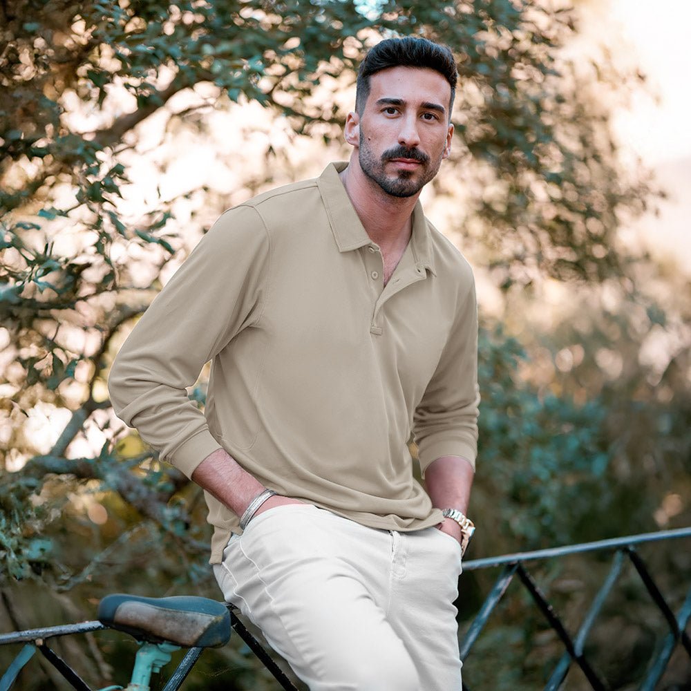 Khaki Men's Quick Dry Tactical Polo - Long Sleeve Performance Shirt - MAGCOMSEN